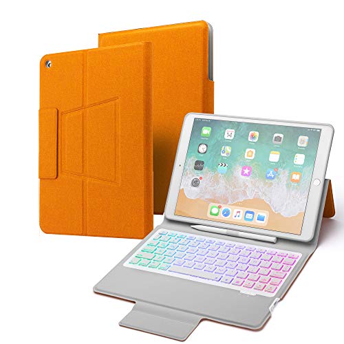 CQQDOQ Keyboard Case for iPad 10.2 2019 (7th Generation),7 Colors Backlit Auto Sleep/Wake Wireless Keyboard Slim Folio Case Cover with Built-in Pencil Holder for iPad 10.2” 7th Gen 2019 (Orange)