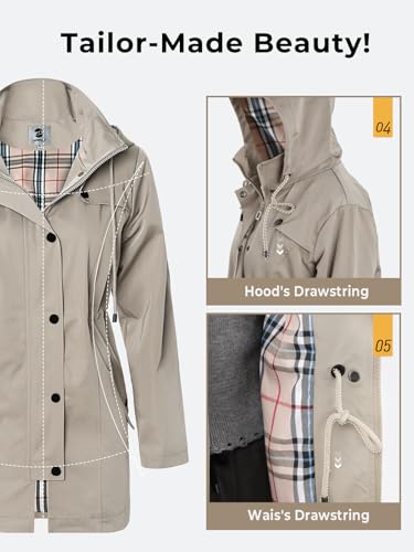 SaphiRose Women's Long Hooded Rain Jacket Outdoor Raincoat Windbreaker(Khaki,Medium) - Thumbnail 6