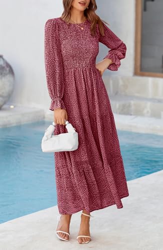 Image of BTFBM Women Casual Long Sleeve Crew Neck Fall Dress Bohemian Relaxed Fit Floral Flowy Maxi Dresses Tiered Cocktail Dress