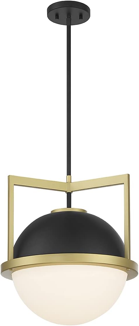 Savoy House 7-4600-1-143 Carlysle Modern Vintage Industrial White Opal Glass Pendant, 1-Light 60 Watt, 17" H x 15" W, Matte Black with Warm Brass