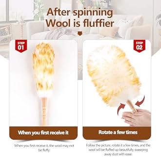 Lambswool Duster for Cleaning with Solid Wooden Handle Leather Hang Strap 19.6 inch Natural Feather Duster for Cleaning Ceiling Fans Window Blinds Computer Furniture(2 Pack)