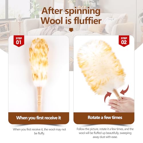 Lambswool Duster for Cleaning with Solid Wooden Handle Leather Hang Strap 19.6 inch Natural Feather Duster for Cleaning Ceiling Fans Window Blinds Computer Furniture(2 Pack)