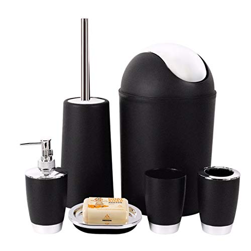 YCOCO Bathroom Accessories Set,6 Pcs Plastic Gift Set Toothbrush Holder,Mouthwash Cup,Soap Dispenser,Soap Dish,Toilet Brush,Trash Can,Black