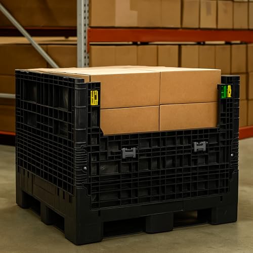 Image of Buckhorn 48 inch x 45 inch x 44 inch Collapsible Bulk Box Container, Extra-Duty Plastic Stacking Gaylord Box with 4-Way Forklift Access and 2 Drop Doors, 1700 lb Capacity Storage Tote, Black (BR48454420)