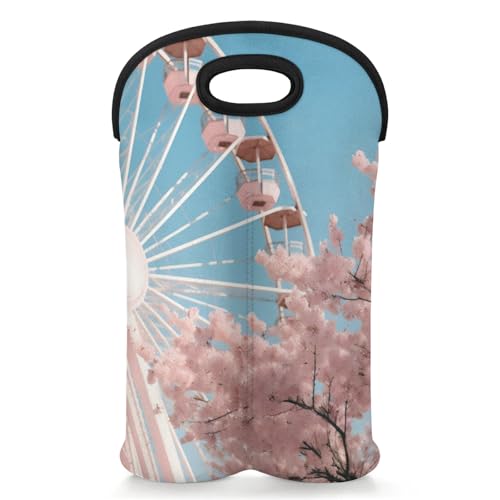 GzLeyigou 2 Bottles Ferris Wheel Pink Wine Bag Sleeve Totes Neoprene Protective Wine Carrier Bag for Wine,Water, Champagne, Beer, Baby Bottles,Gift 14.5 x 10 Inches