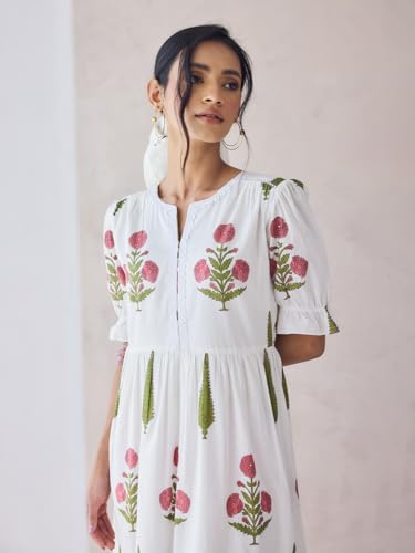 Image of FIORRA Women Fit & Flare Off-White Floral Printed Cotton Midi Dress