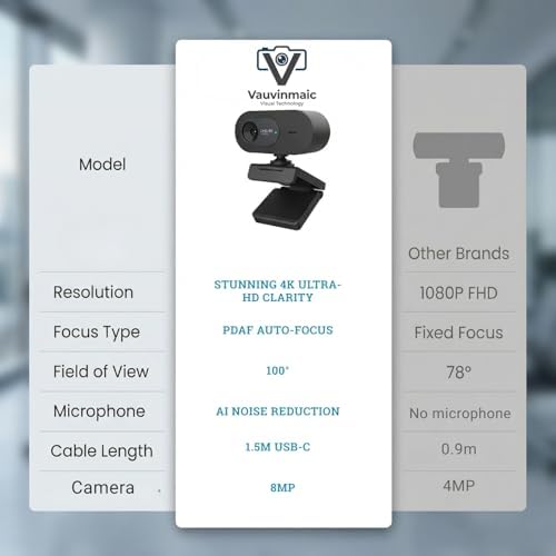 Vauvinmaic 4K Webcam with Microphone, UHD Ultra-HD Computer Camera with Privacy Cover & Noise-Canceling Mic, 100° Wide Angle, USB Plug & Play Pro Desktop Web Cam for Zoom, Skype, Teams, Streaming — view 6