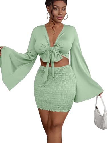 Image of LYANER Women 2 Piece Vacation Outfits Tie Knot Front Bell Long Sleeve Crop Top and Mini Skirt Summer Set
