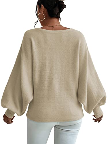 Sweatyrocks Women's Casual Graphic Print Lantern Sleeve Top Boat Neck Oversized Pullover Sweater Beige Xl #TOP1