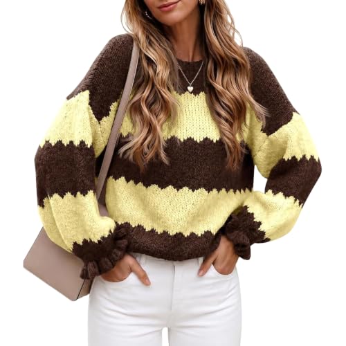 Striped Sweater Women Color Block Ruffle Long Sleeve Pullover Sweater - image 1