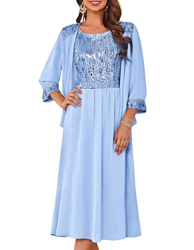 Image of GRACE KARIN Formal Wedding Guest Dress Sequin Mother of The Bride Dresses | Two Piece,3 /4 Sleeve,Tea Length,Crew Neck,Fit and Flare,Chiffon,Suitable for Spring /Summer /Fall /Winter /Cocktail /Party /Prom