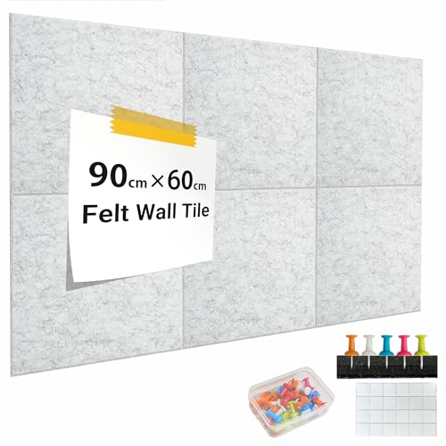 DAWNYIELD 6 Piezas Corcho Pared Autoadhesivo 30x30 cm, Tablero de Corcho Fieltro para Oficina Casa, Tablón de Anuncios con Chinchetas y Piezas de Montaje (Gris claro)