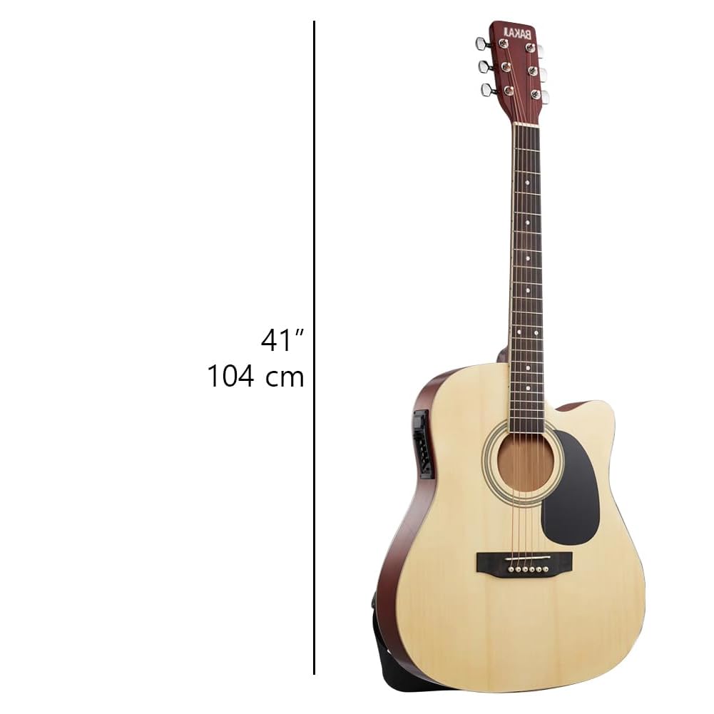 BAKAJI Guitare électro-acoustique 41 pouces avec étui, kit de rechange cordes, médiators, câble pour amplificateur et bandoulière, guitare folk forme cutaway pour adultes et débutants (natural)