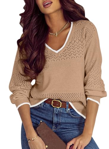 Image of SHEWIN Women's Sweaters Casual Long Sleeve V Neck Crewneck Lightweight Crochet Pullover Sweater Tops