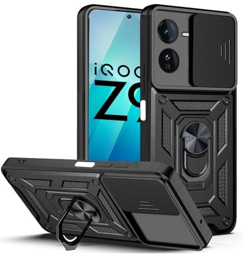 Image of SPAZY CASE Plastic Iqoo Z9X 5G Back Cover|Heavy Duty Hybrid Case with 360 Degree Rotating Finger Ring Holder + Slider Shutter Camera Protection Case for Iqoo Z9X 5G 5G-Black