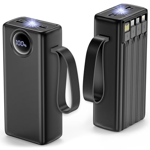 Batería Externa Carga Rápida 27.000mAh con 4 Cables, Power Bank 22.5W Bateria Portatil iPhone y Samsung, Cargador Portátil Fast Charging para 7 Dispositivos con Linterna, Bateria Externa Camping