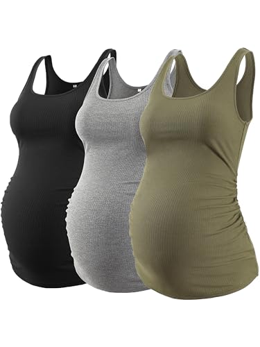 Love2Mi 3 Pack Damen Umstandstop Umstandsmode Tanktops Ärmelloses Umstands T-Shirt Schwangerschaftskleidung