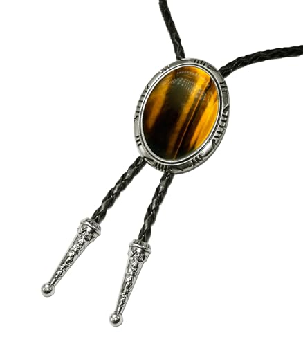 Image of Moranse Bolo Tie with Natural Tiger Eye Stone Celtic Style Genuine and Cowhide Rope