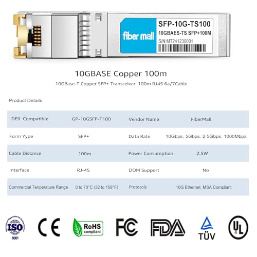 Image of 10G SFP+ to RJ45 Copper 100m Transceiver Module for Dell GP-10GSFP-T100 10GBASE-T SFP+ 100m RJ45 Cat6a /7