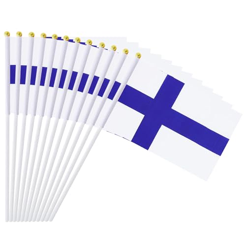 12 Pack Finnish Flags on Stick, 5.5 x 8.2 Inch Small Finland Handheld Flags for Parade Handouts, Cultural Events, National Day, School Activities and Celebrations