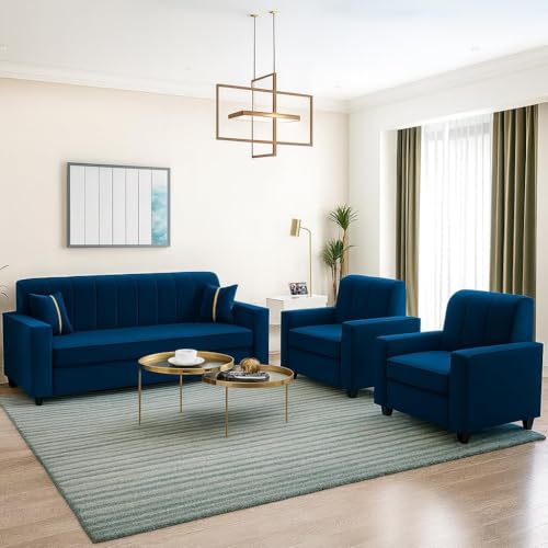 Image of FURNY Cosmos 5 Seater Fabric 3+1+1 Sofa Set (Dark Blue) Premium Velvet Finish | Durable Comfort | Ideal for Living Room, Office