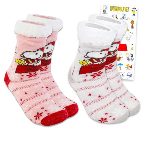 Image of Snoopy Socks Set - Bundle with 2 Pairs of Sherpa Sock for Women Plus Stickers | Peanuts Socks Set for Teens, Girls