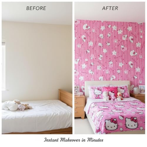 Image of Pink Kitty Kids & Circle Textured Kids Room Wallpaper | Peel & Stick Self Adhesive | Waterproof Removable PVC Vinyl | Baby Boy Room Decoration 16 x 96 Inch