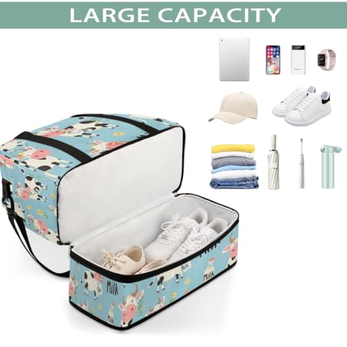 Foldable Carry On Bag for Travel, Expandable Duffle Bag with Shoe Compartment, Flower Cute Cow Lightweight Sports Gym Tote with Trolley Sleeve4