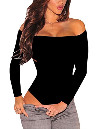 SEBOWEL Body con hombros descubiertos para mujer, manga larga, sexy, elegante, con espalda descubierta, camiseta para mujer (L,negro)