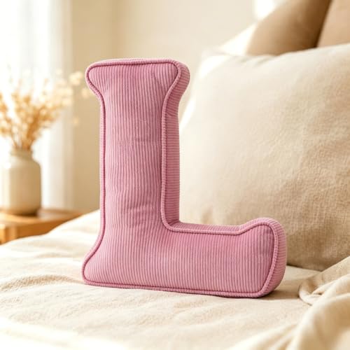 Pink Letter Plush Pillow Letter Hugging Throw Pillows Decorative Corduroy Initial Letter Shaped Throw Pillows Letter Pillows English Alphabet A to Z for Sofa Bedroom Living Room Decor (L)