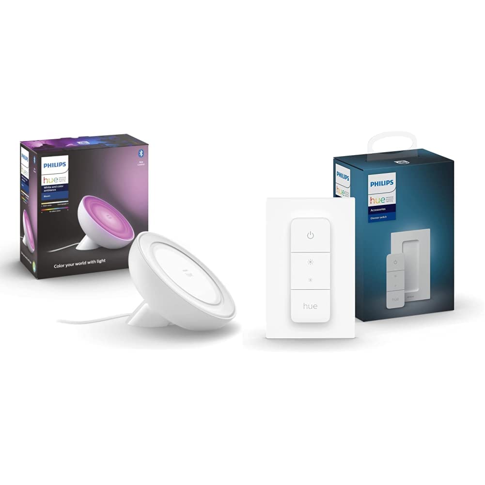 Philips Hue Philips Hue White and Colour Ambiance Bloom [White] Smart LED Table Lamp Bundle, Includes Hue Dimmer Switch, with Bluetooth Compatible with Alexa and Google Assistant [Energy Class A+]