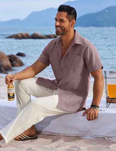 Image of COOFANDY Men's Button Down Shirts Short Sleeve Casual Shirts Summer Beach Linen Shirts with Pocket