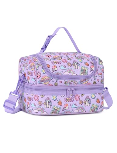 VASCHY Lunch Box Bag Kids, Insulated Two Compartments Cooler Bags for Girls w Shoulder Strap for School,Daycare,Kindergarten,Rainbow Purple