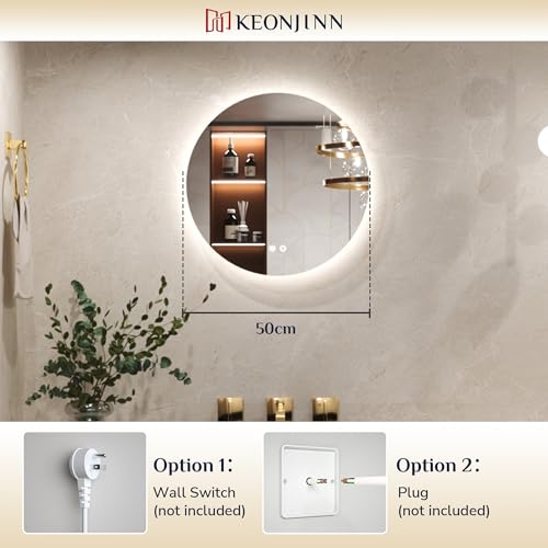 Keonjinn Badspiegel mit Beleuchtung Rund 50cm, Badezimmerspiegel mit Beschlagfrei Touch Schalter Speicherfunktion 3 Lichtfarben Dimmbarer… – Ansicht 8