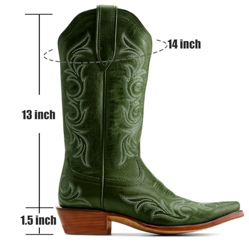 Women Vintage Western Boots Embroidered Knee High Cowboy Boots Chunky Stacked Heel Square-Pointed Toe Mid Calf Cowgirl Boots Metallic Matte Leather Pull On V Cut Fall Boot Exotic 4-11 M US2