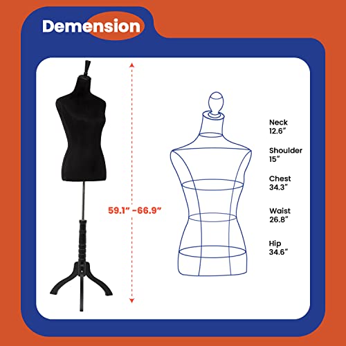 59-67 Inch Female Mannequin, Torso Sewing Mannequin Dress Form Mannequin Body Adjustable Dress Mannequin With Stand Wood Base For Sewing Counter Window Display (Black) #TOP7