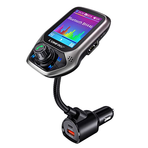 V5.0 Bluetooth FM Transmitter for Car, CONFASE Bluetooth Car Adapter Wireless Radio Adapter with 2 CVC Noise-cancellation Microphones, QC3.0 & PD20W Fast Charge, 5 EQ Modes, Support TF Card/U Disk/Aux