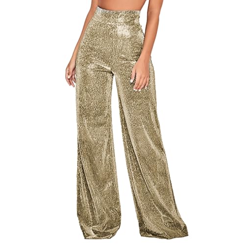 Luckxing Pantalones brillantes para mujer, pantalones brillantes de pierna ancha, pantalones casuales brillantes y brillantes de pierna ancha, cremallera trasera, pantalones holgados, ropa de club