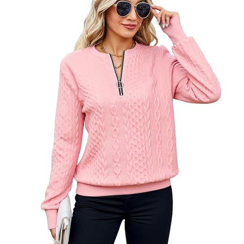 Sweatshirts for Women, Ladies Lightweight Knit Jumpers, Half Zip Pullover Cable Sweatshirt, Ladies V-neck Long Sleeve Tops, Autumn Winter Thermal Casual Sweaters for Office Work Daily, Pink, L