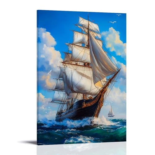 Poster vintage de peinture à l'huile sur toile représentant un bateau à voile, 50 x 75 cm