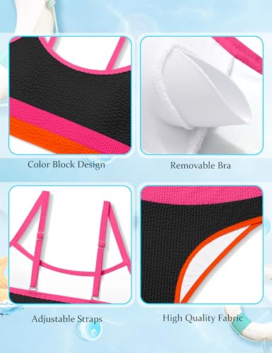 Image of Girls Bathing Suit Color-Block Adjustable Straps Bikini Sets Girls Two Piece Swimsuits with Chest Pad Swimwear 7-18T