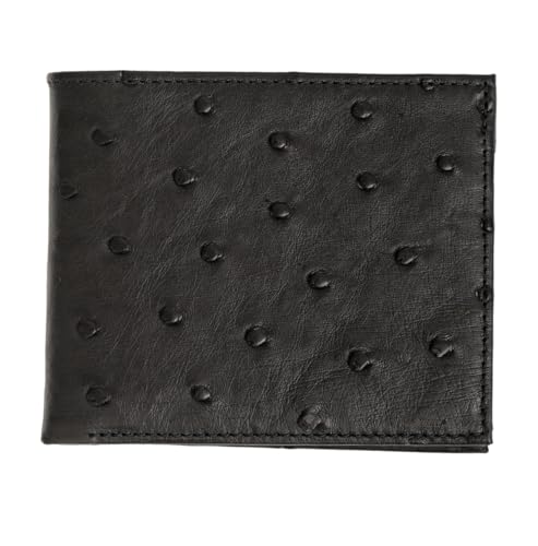 Abas Slim Bifold Ostrich Leather Wallet, 8 Card Slots, Black/Brown, 4.25 x 3.5 inches (Black)