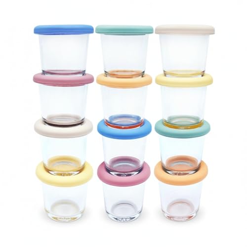Image of Elk and Friends 4oz Borosilicate Glass Baby Food Storage Jars with Silicone Lid | Strong Glass | Set of 12 | Microwave, Oven & Dishwasher Safe | Infant and Babies