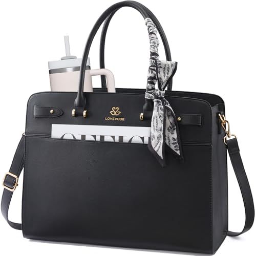 LOVEVOOK Laptop Tote Bag for Women, 15.6 Inch PU Leather Work Bag Waterproof Computer Briefcase Handbag for Teacher Business Office with Silk Scarf, Black