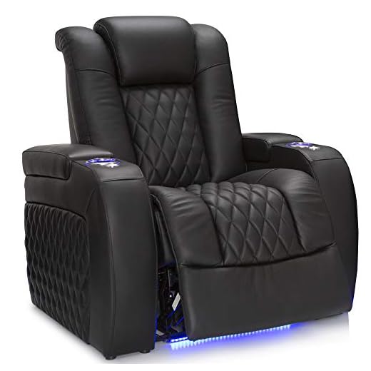 Seatcraft Diamante - Home Theater Seating - Power Recline - Top Grain Leather - Powered Headrests - Cupholders - USB Charging - Ambient Lighting - Arm Storage, Single Recliner, Black
