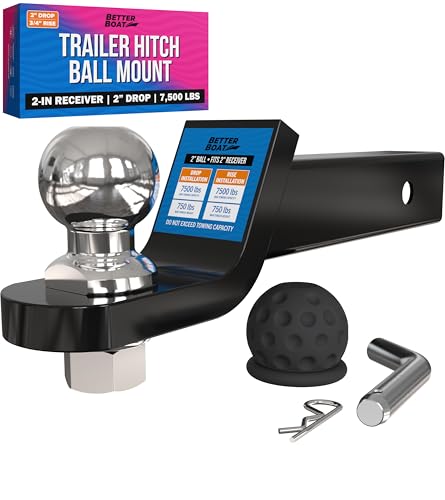 7500 Lbs Carbon Steel Trailer Hitch with 2" Ball, Pin and Cover, 2 Inch Receiver with Towing Starter Kit, Lift or Drop Truck Hitch, Marine Grade Mount, 2 Inch Drop