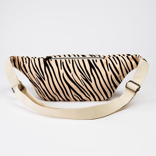 Image of The Peacock Crew Canvas Crossbody Sling Bag for Men & Women - Adjustable Strap, Dual Zippers Left /Right Handed, Secure Everyday Travel Fanny Pack Shoulder Pouch, Trekker Zebra, 14.5 x 6.3 x 3.6 inches