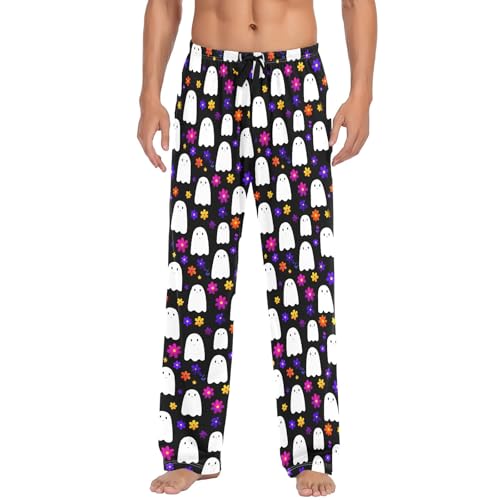 Mens Cotton Pajama Pants Sleep Lounge Pj Bottoms Sleepwear with Pockets Drawstring S Ghost Flower2