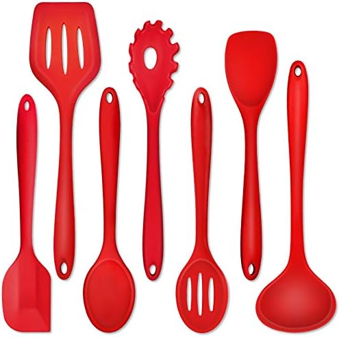 Kitchen Utensil Set of 7, P&P CHEF Silicone Cooking Utensils, Red Kitchen Tools Spatula Set for Nonstick Cookware Cooking Serving, Slotted Turner, Soup Ladle, Spatula, Pasta Server, Spoon