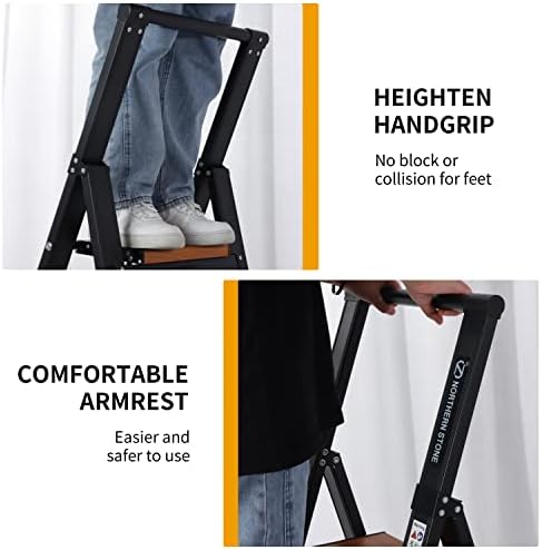 EPROSMIN Step Ladder 3 Step Stool with Integrated Handrail, Aluminum Ladders with Anti-Slip Wide 3 Tread, Folding Steps Anti-Slip 150kgs Capacity Safety Household Ladder (Black)